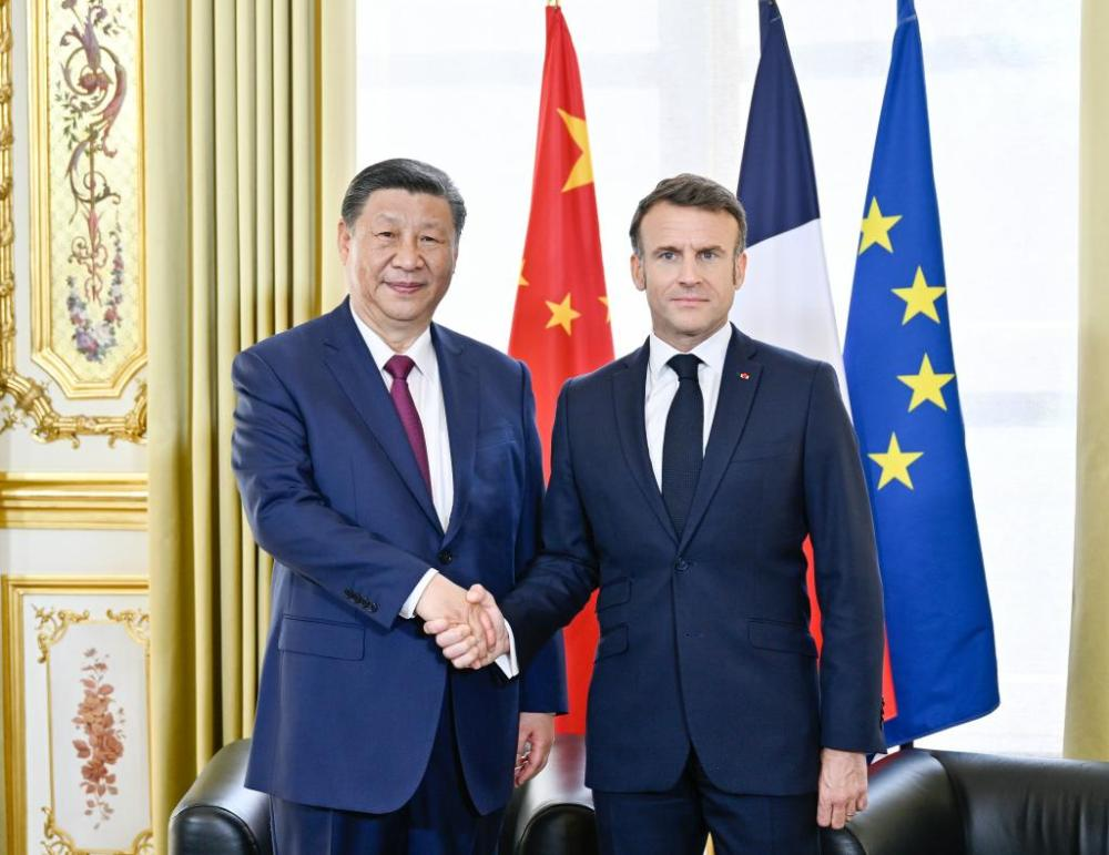 當地時間5月6日下午，國家主席習近平在巴黎愛麗舍宮同法國總統馬克龍舉行會談。新華社記者 殷博古 攝